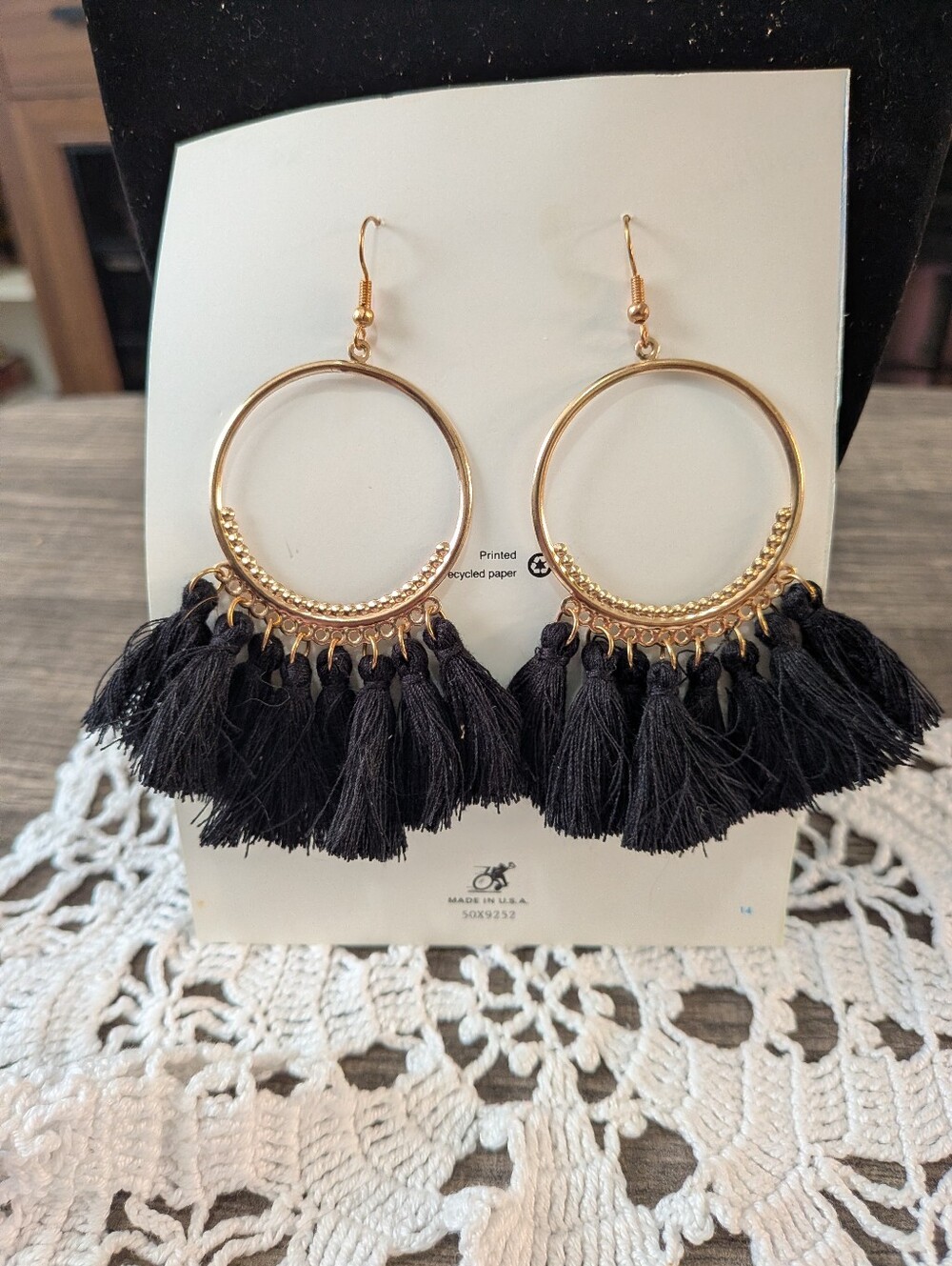 Gold Hoop Black Tassel Earrings